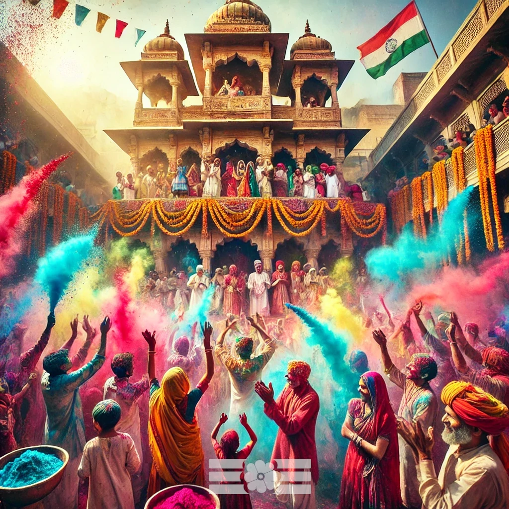 Illustration vibrante de la fête de Holi en Inde, montrant des hommes, femmes et enfants en tenues traditionnelles lançant des poudres colorées de rouge, bleu, vert et jaune. En arrière-plan, un temple indien décoré de guirlandes de fleurs, capturant l'énergie joyeuse et spirituelle de ce festival hindou.