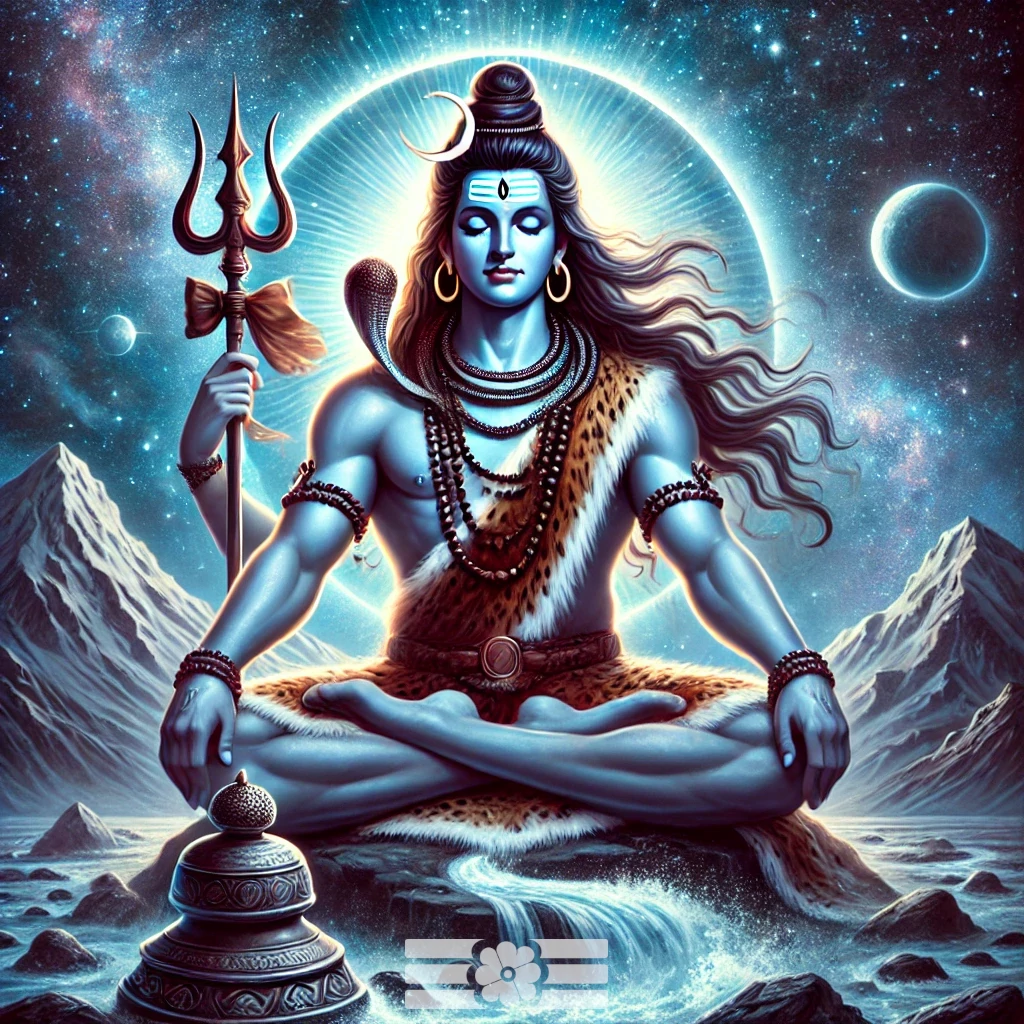 Shiva assis en méditation sur le mont Kailash, tenant un trident et un tambour, avec une aura bleue et la rivière Ganga s’écoulant de ses cheveux. Illustration spirituelle et cosmique.